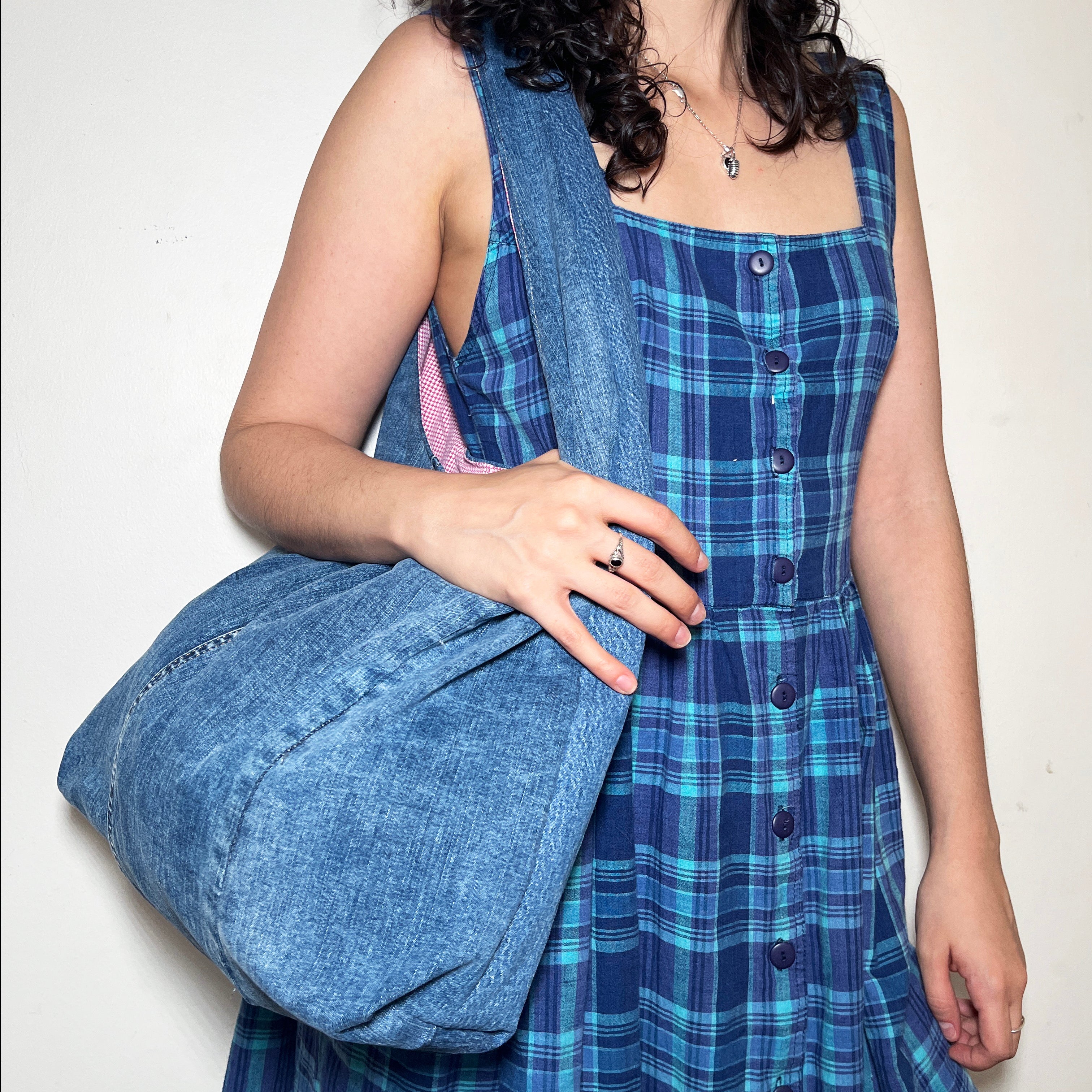 Denim and Red Houndstooth Bag