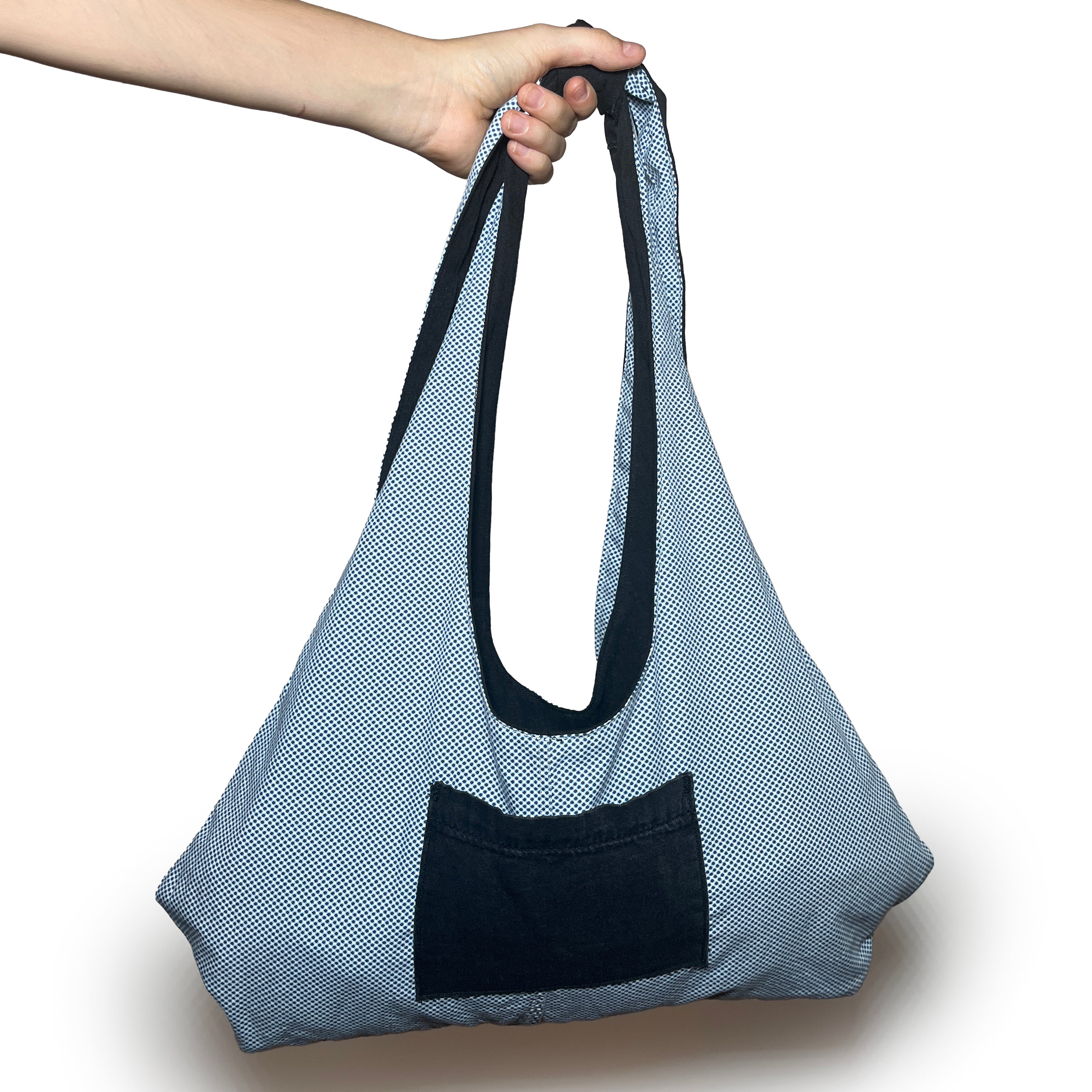 Black Denim and Blue and White Adjustable Tote Bag