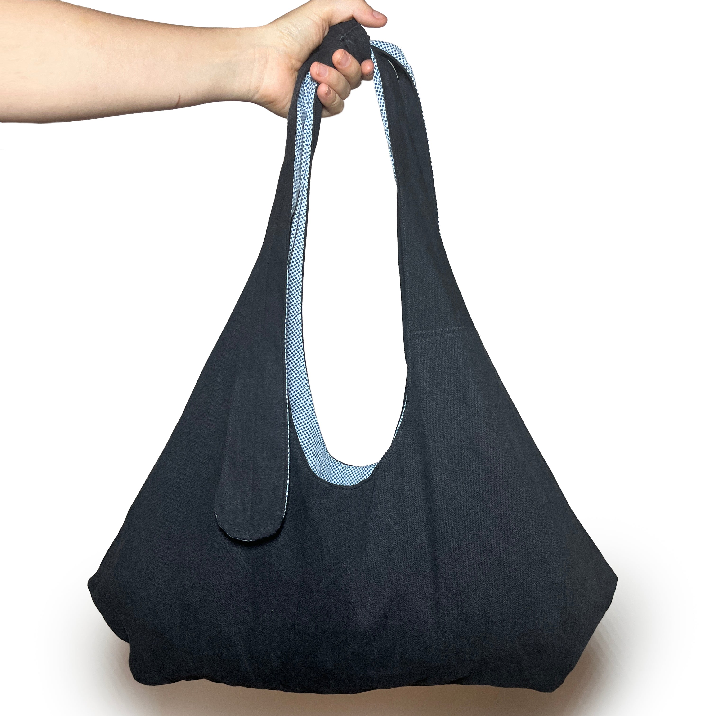 Black Denim and Blue and White Adjustable Tote Bag