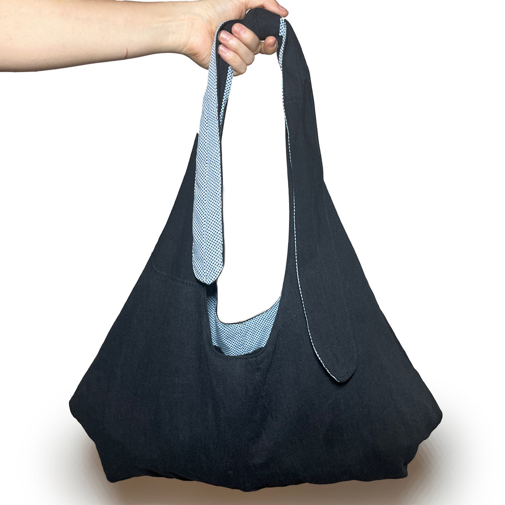 Black Denim and Blue and White Adjustable Tote Bag