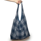 Denim and Blue Plaid Double Strap Slouchy Tote