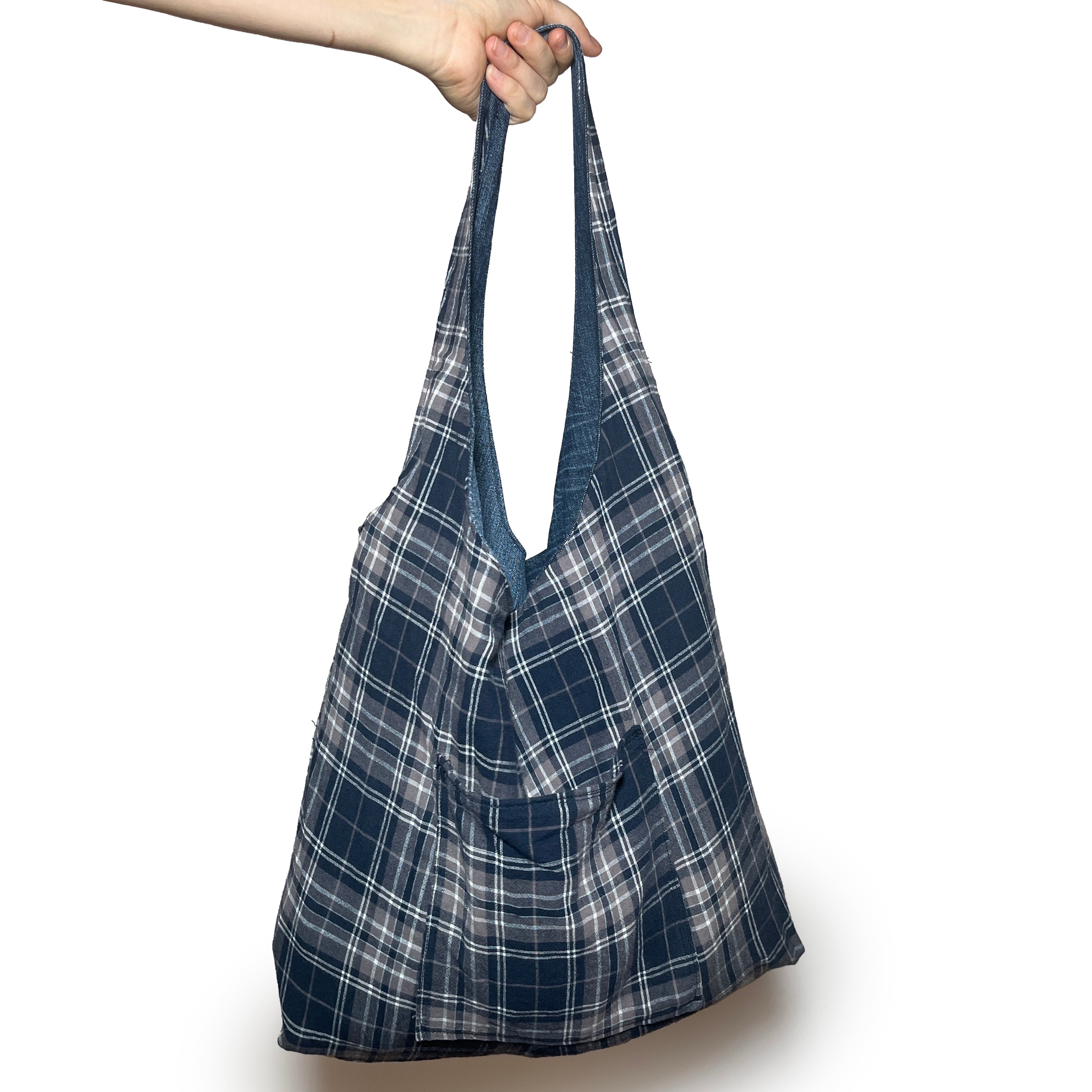 Denim and Blue Plaid Double Strap Slouchy Tote