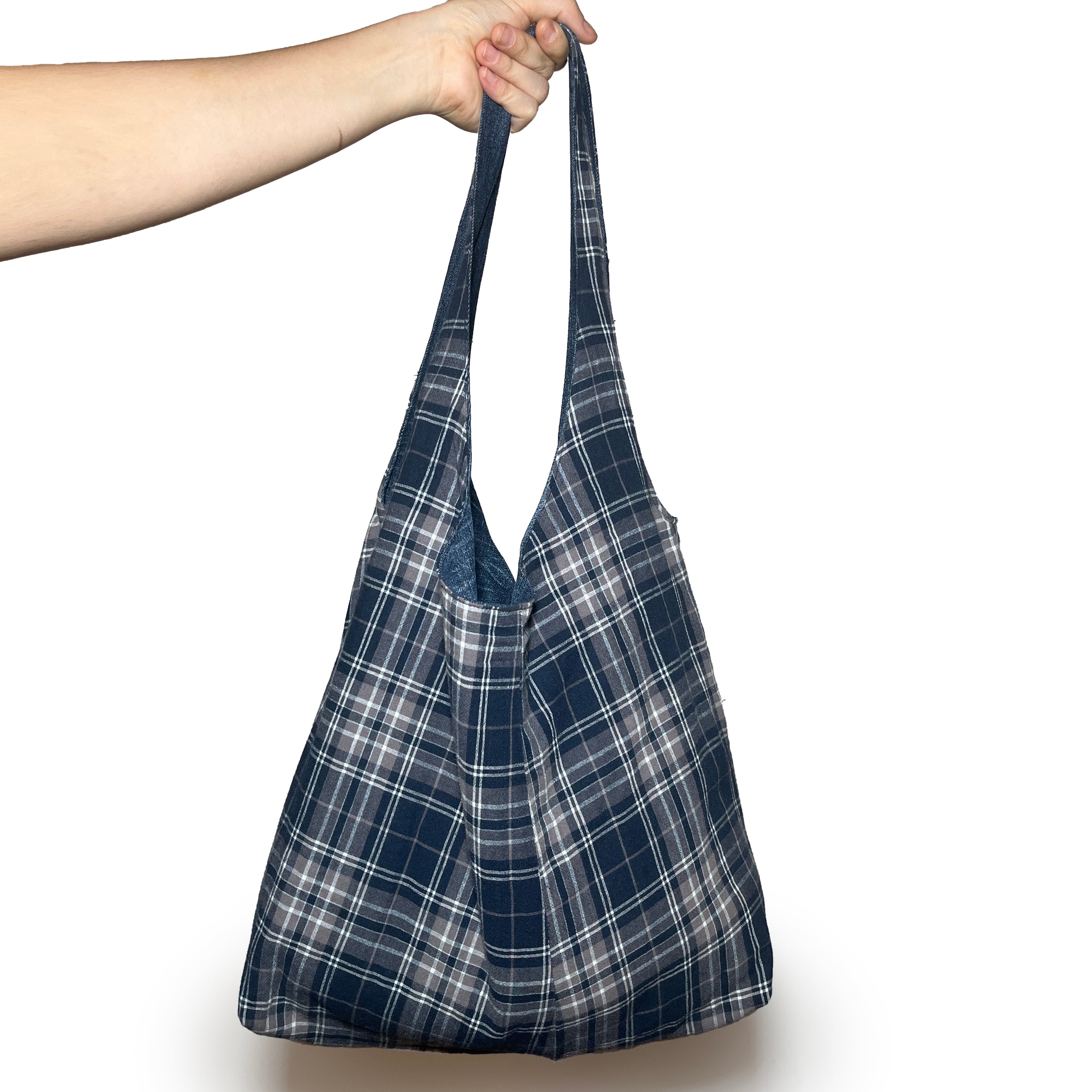 Denim and Blue Plaid Double Strap Slouchy Tote