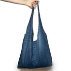 Denim and Blue Plaid Double Strap Slouchy Tote