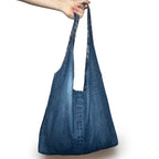 Denim and Blue Plaid Double Strap Slouchy Tote