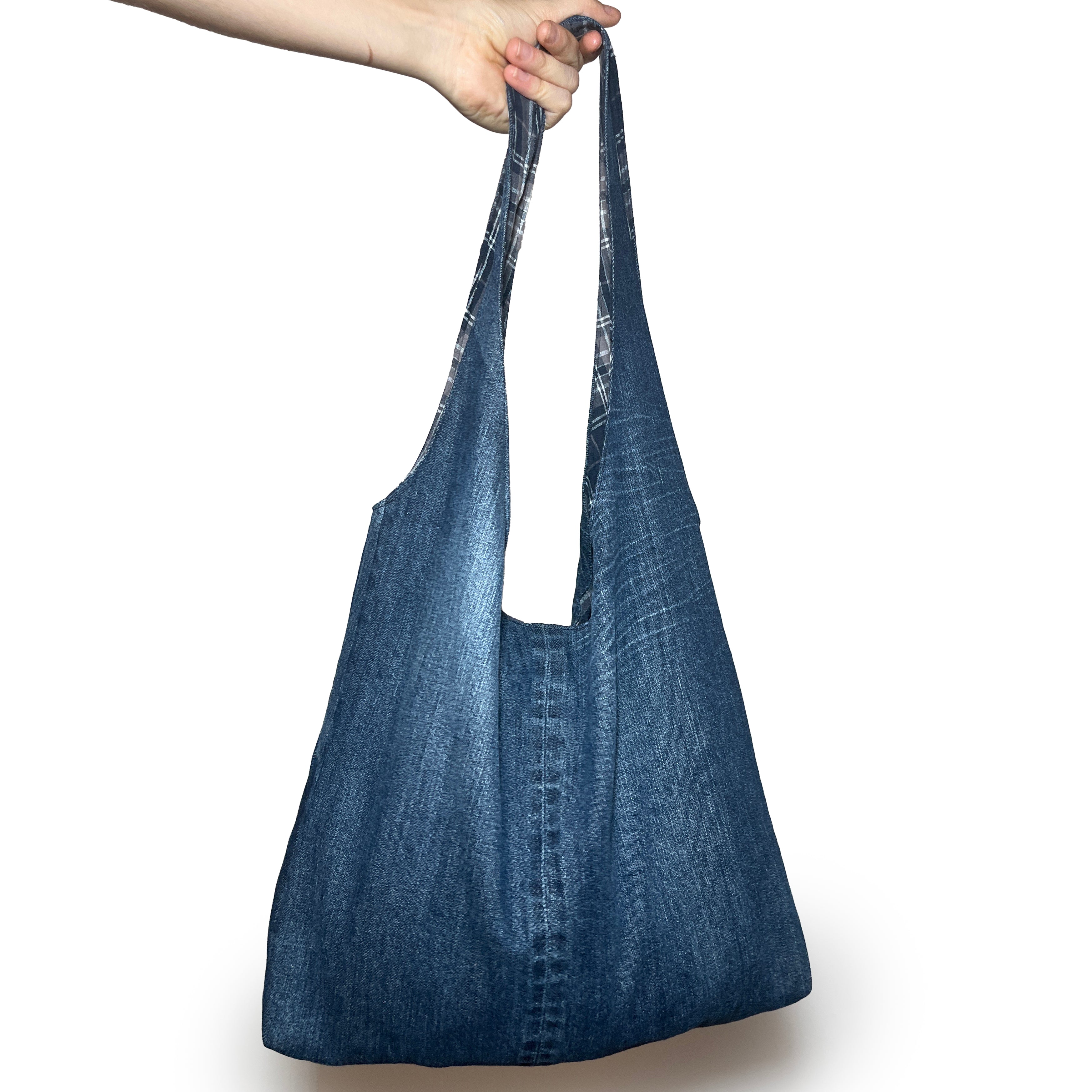 Denim and Blue Plaid Double Strap Slouchy Tote