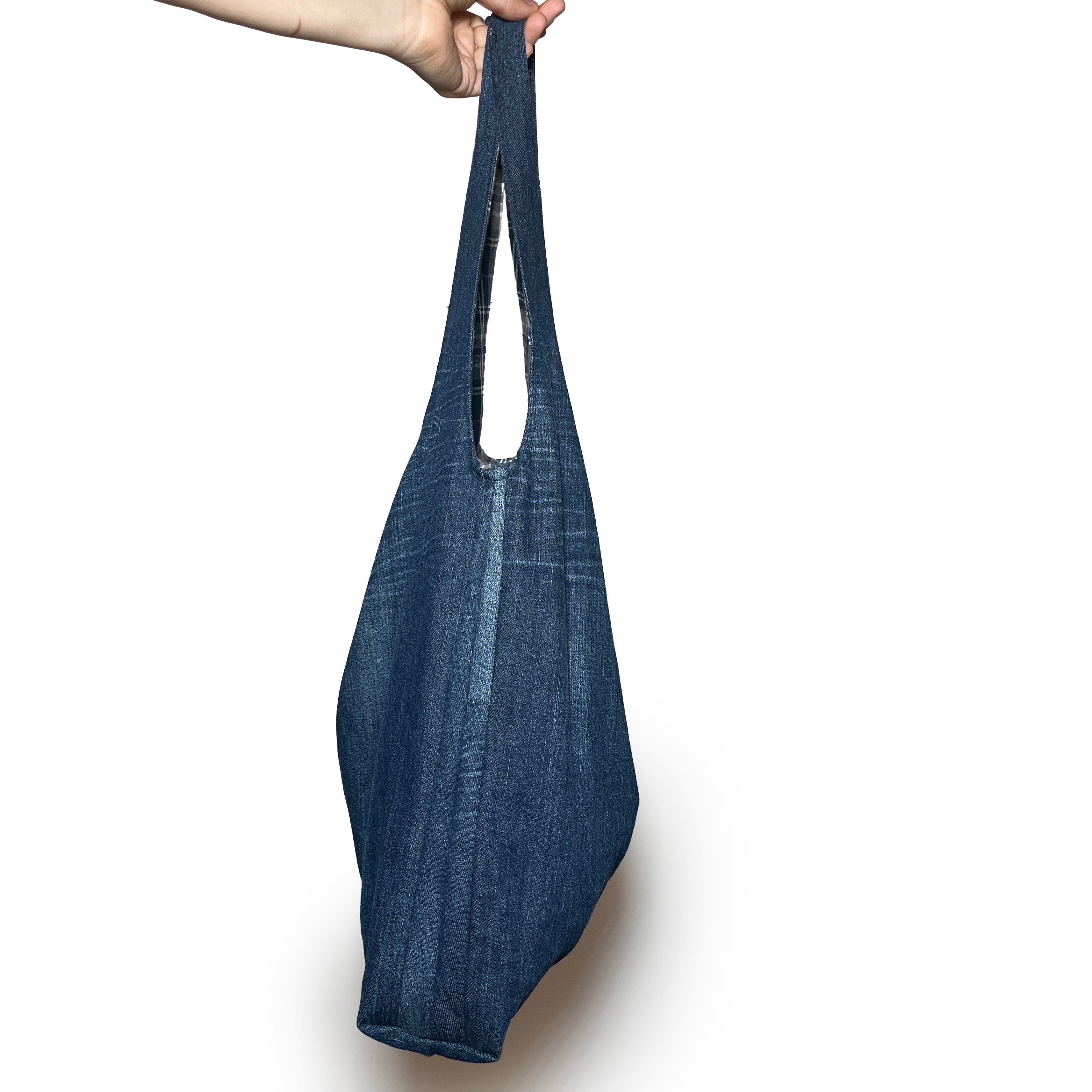 Denim and Blue Plaid Double Strap Slouchy Tote