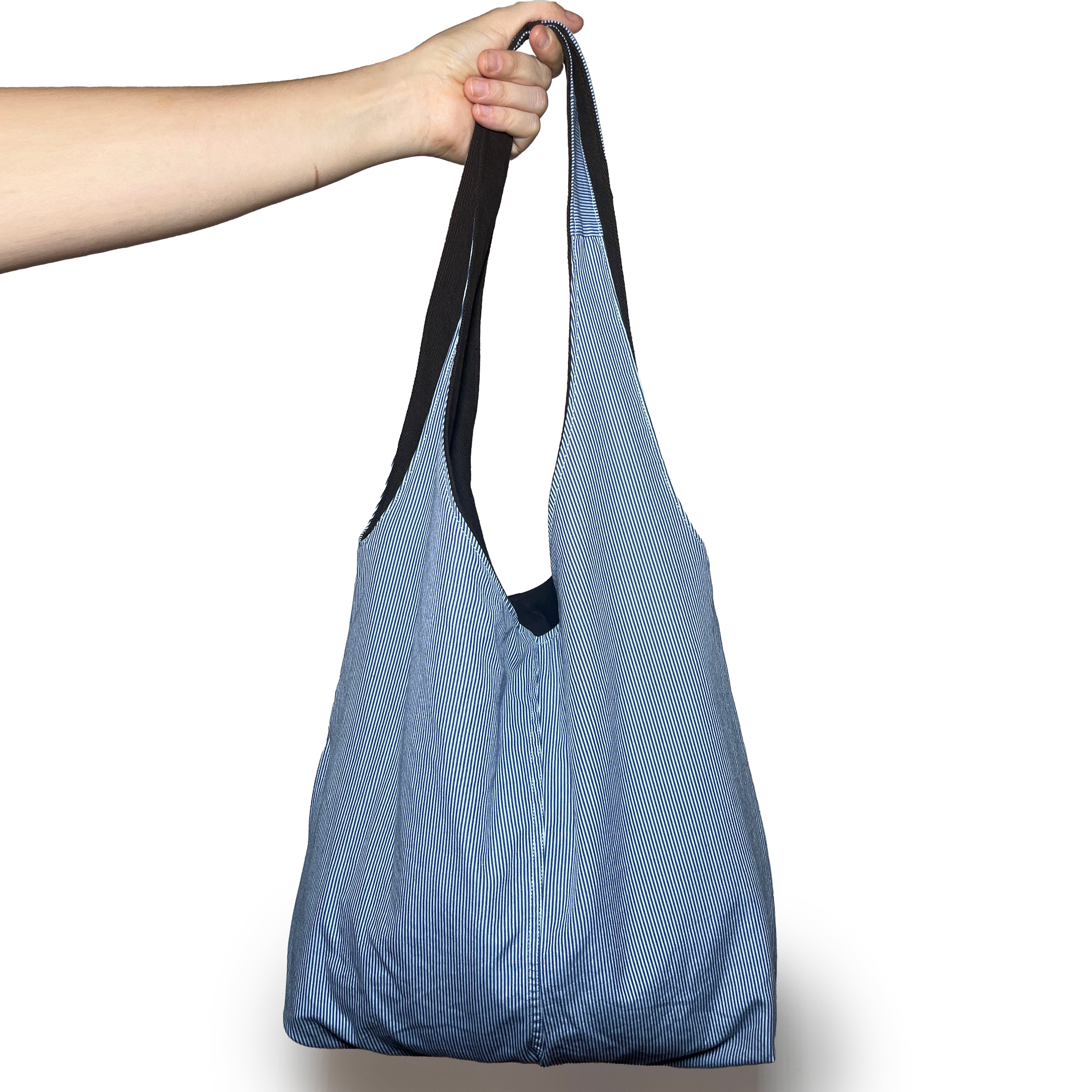 Brown Corduroy and Blue Striped Double Strap Slouchy Tote