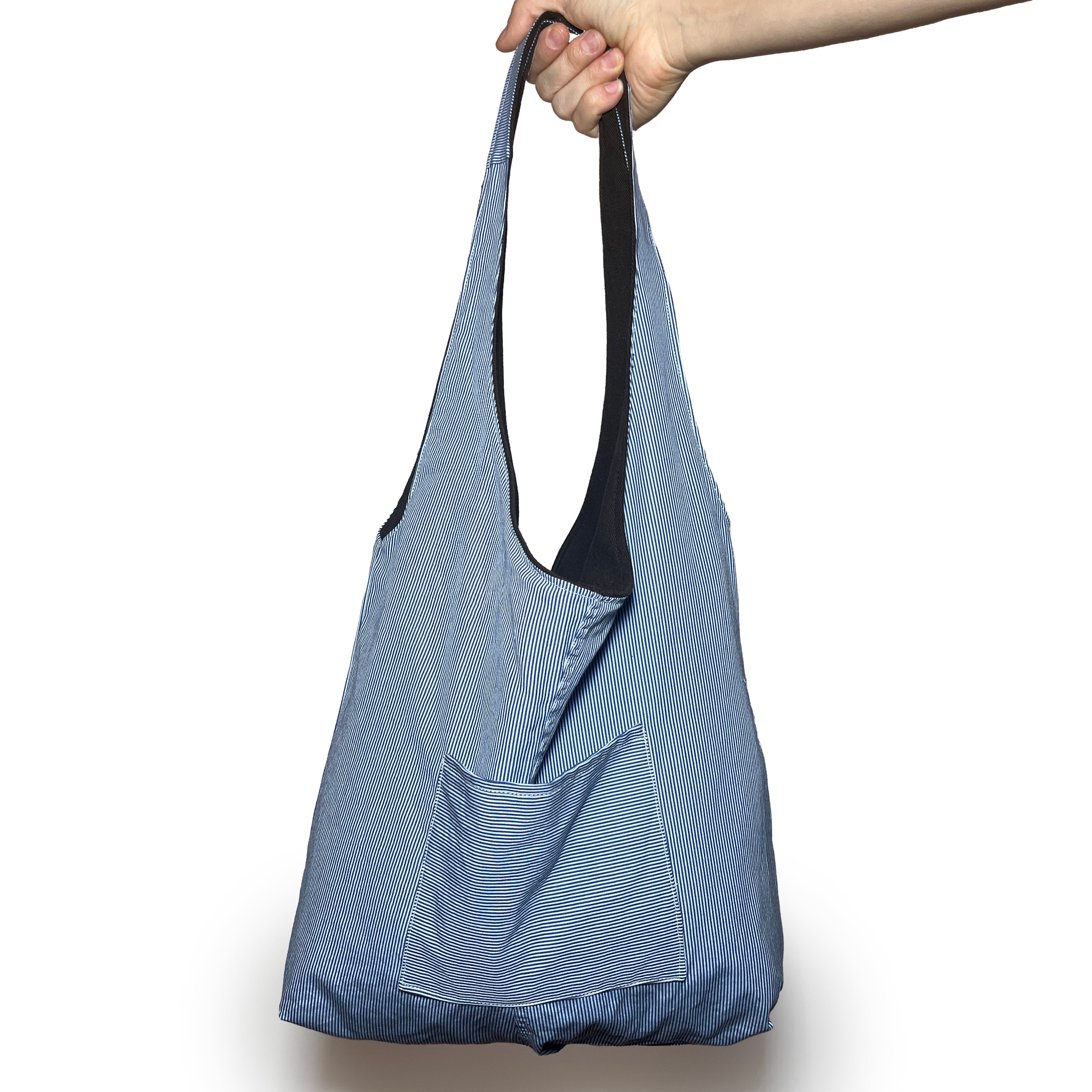 Brown Corduroy and Blue Striped Double Strap Slouchy Tote