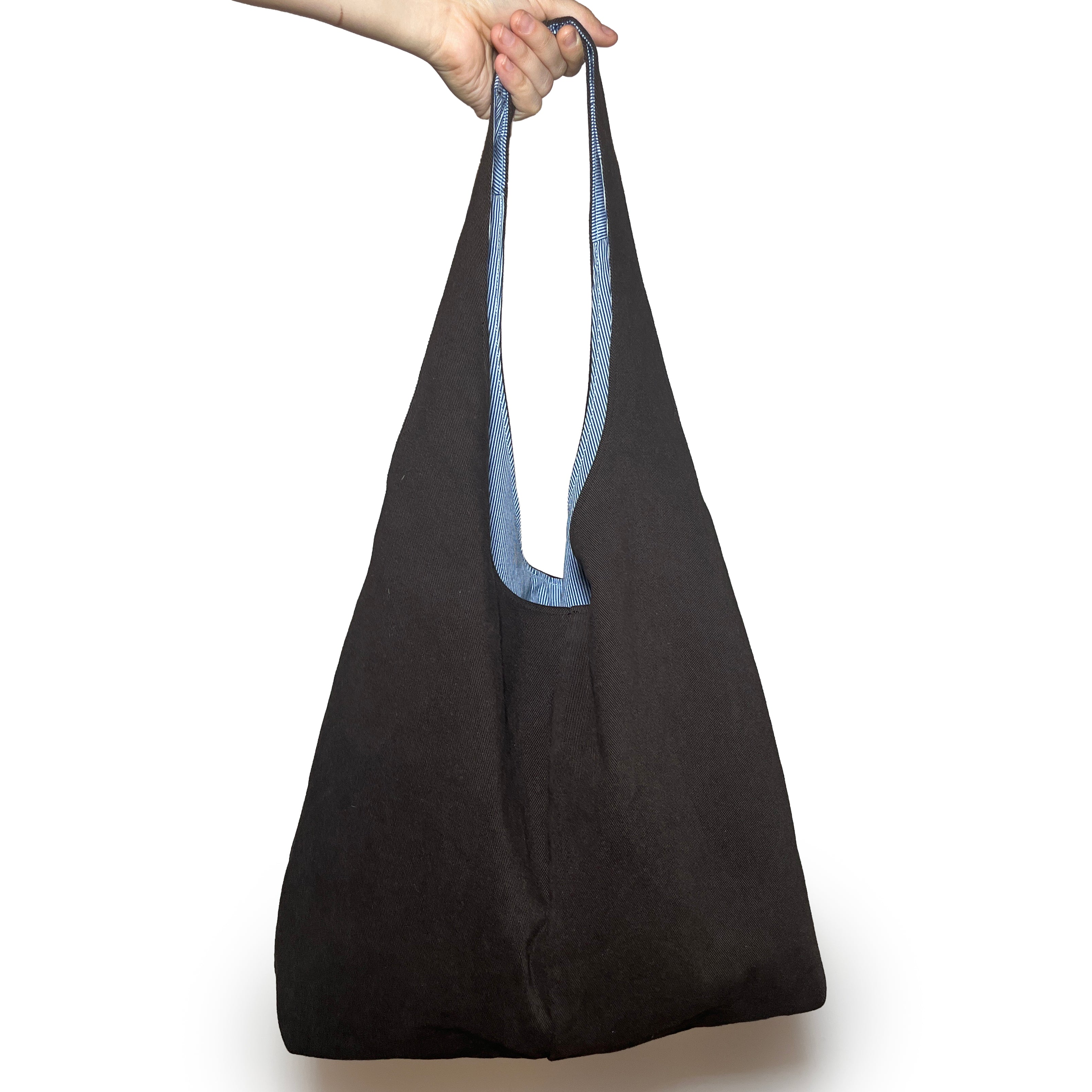 Brown Corduroy and Blue Striped Double Strap Slouchy Tote