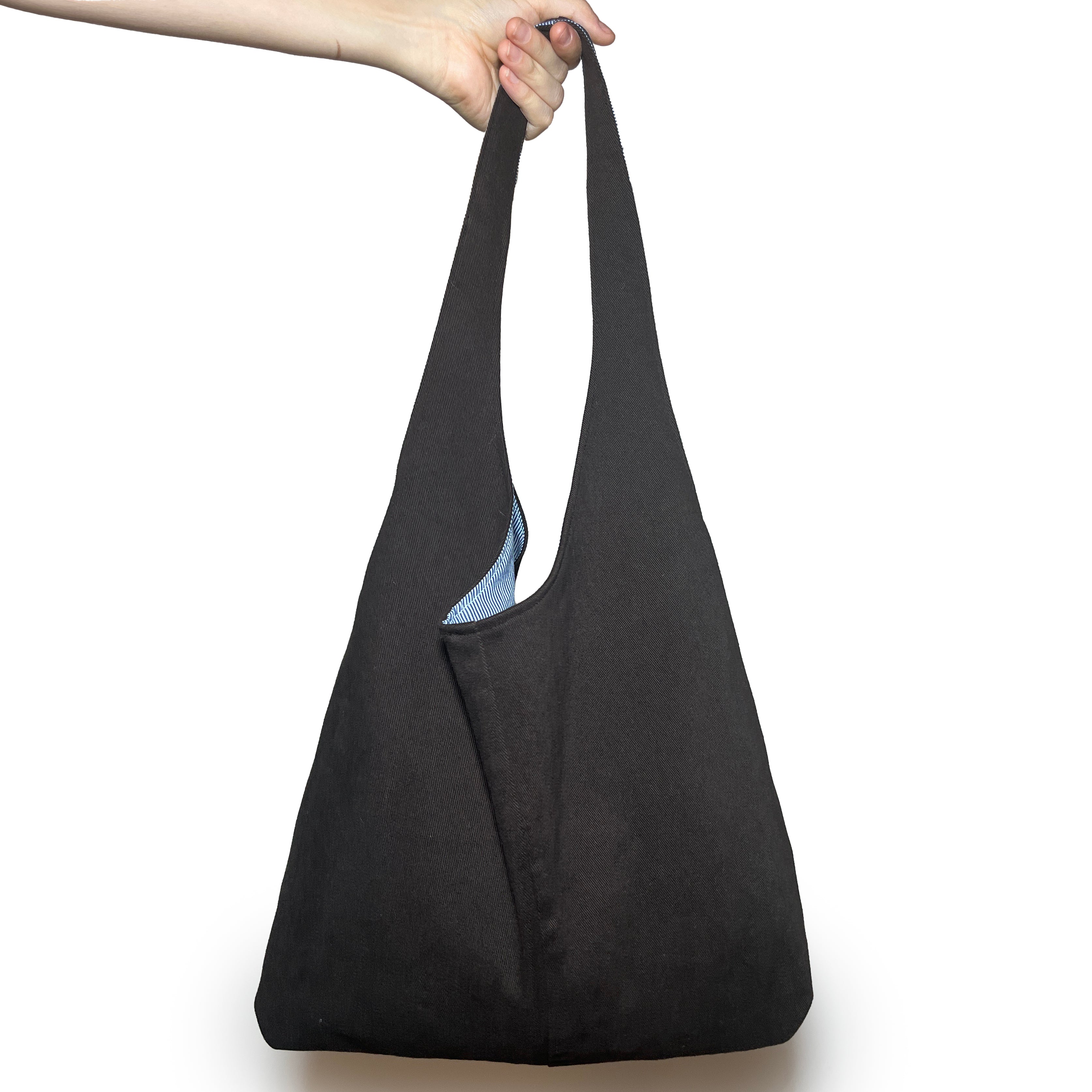 Brown Corduroy and Blue Striped Double Strap Slouchy Tote